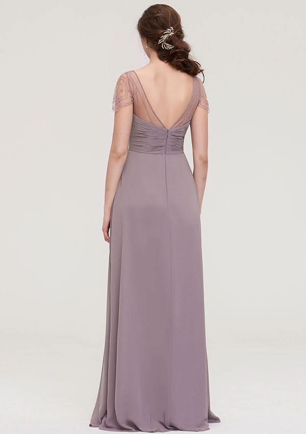 Floor-Length Chiffon Bridesmaid Dress, A-Line/Princess Shape, Bateau Neck, Sleeveless, With Lace And Pleats Ruffled BM bride
