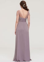 Floor-Length Chiffon Bridesmaid Dress, A-Line/Princess Shape, Bateau Neck, Sleeveless, With Lace And Pleats Ruffled BM bride