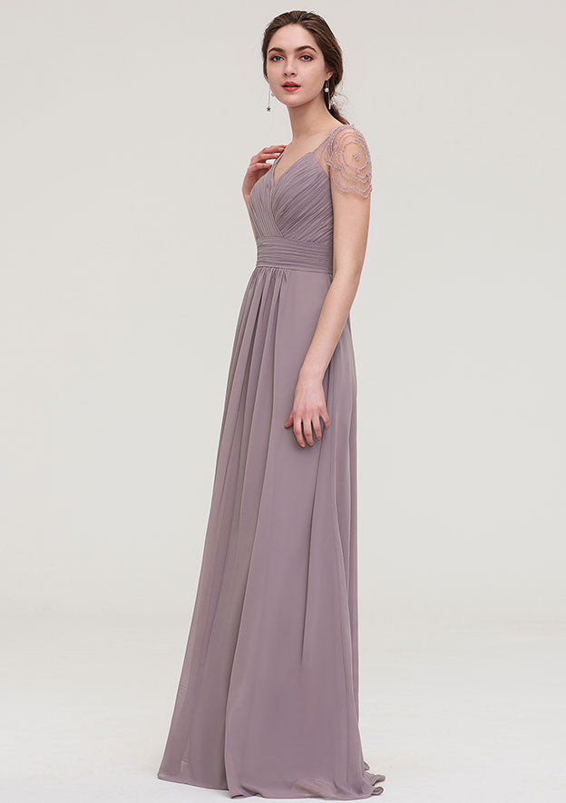 Floor-Length Chiffon Bridesmaid Dress, A-Line/Princess Shape, Bateau Neck, Sleeveless, With Lace And Pleats Ruffled BM bride