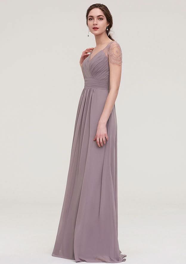 Floor-Length Chiffon Bridesmaid Dress, A-Line/Princess Shape, Bateau Neck, Sleeveless, With Lace And Pleats Ruffled BM bride