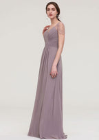 Floor-Length Chiffon Bridesmaid Dress, A-Line/Princess Shape, Bateau Neck, Sleeveless, With Lace And Pleats Ruffled BM bride
