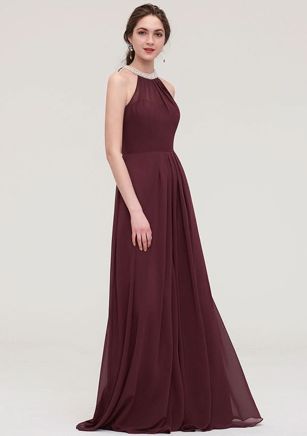 Floor-Length Chiffon Bridesmaid Dress, A-Line/Princess Shape, Halter Neck, Sleeveless, With Beading And Pleats BM bride