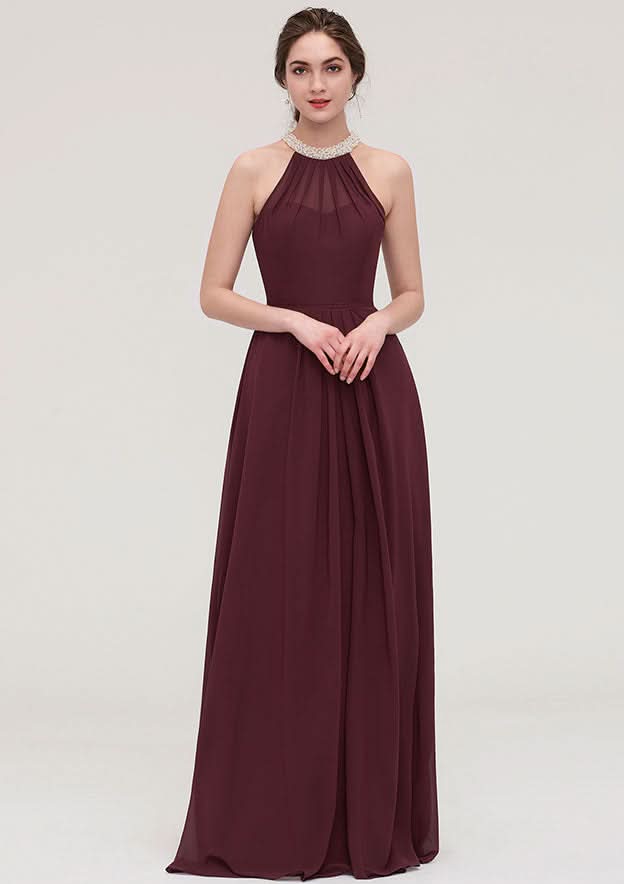 Floor-Length Chiffon Bridesmaid Dress, A-Line/Princess Shape, Halter Neck, Sleeveless, With Beading And Pleats BM bride