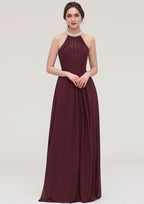 Floor-Length Chiffon Bridesmaid Dress, A-Line/Princess Shape, Halter Neck, Sleeveless, With Beading And Pleats BM bride