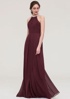 Floor-Length Chiffon Bridesmaid Dress, A-Line/Princess Shape, Halter Neck, Sleeveless, With Beading And Pleats BM bride