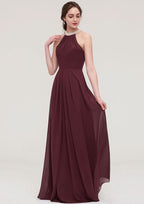 Floor-Length Chiffon Bridesmaid Dress, A-Line/Princess Shape, Halter Neck, Sleeveless, With Beading And Pleats BM bride