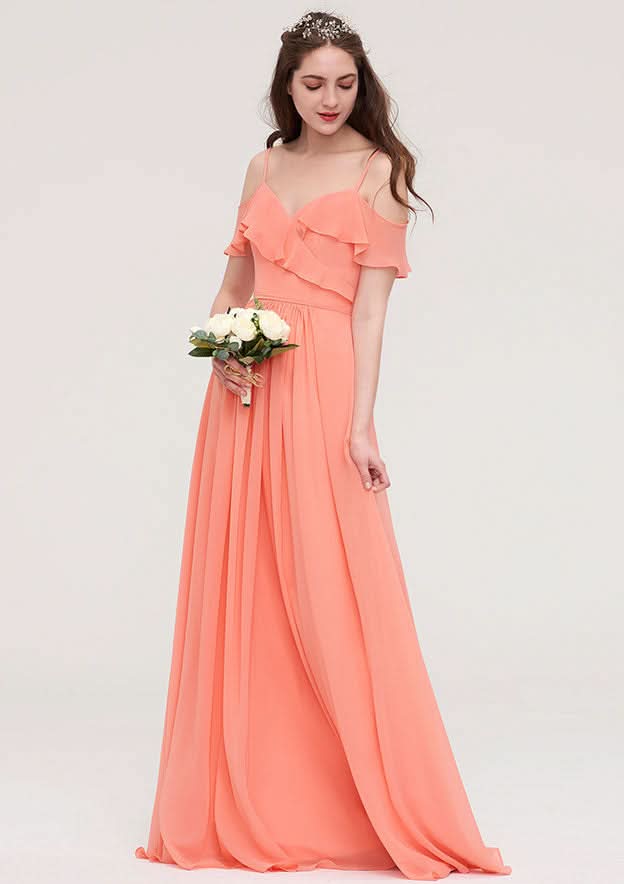 Floor-Length Chiffon Bridesmaid Dress, A-Line/Princess Cut, Sweetheart Neck, Sleeveless, With Ruffled BM bride
