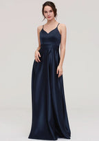 A-Line/Princess Floor-Length Sleeveless Satin Bridesmaid Dress, V-Neck BM bride