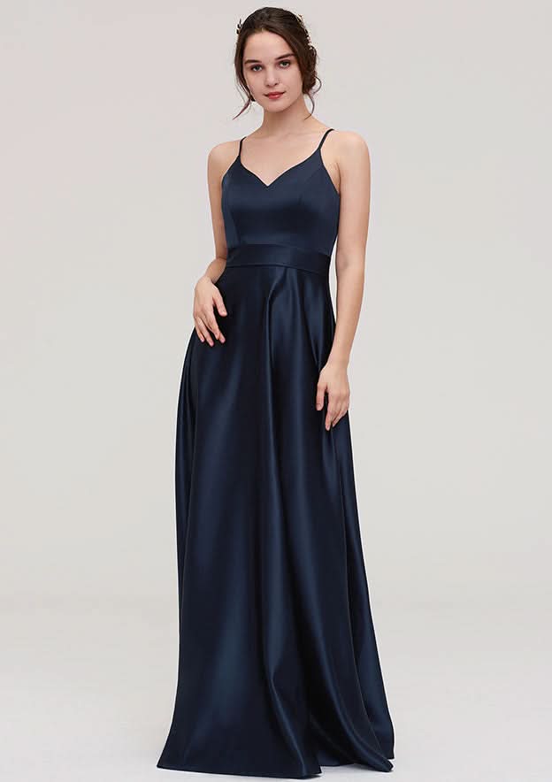 A-Line/Princess Floor-Length Sleeveless Satin Bridesmaid Dress, V-Neck BM bride