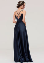 A-Line/Princess Floor-Length Sleeveless Satin Bridesmaid Dress, V-Neck BM bride