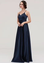 A-Line/Princess Floor-Length Sleeveless Satin Bridesmaid Dress, V-Neck BM bride