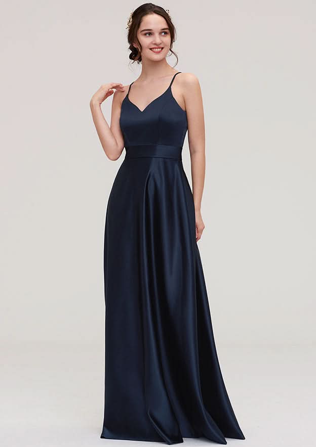 A-Line/Princess Floor-Length Sleeveless Satin Bridesmaid Dress, V-Neck BM bride