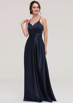 A-Line/Princess Floor-Length Sleeveless Satin Bridesmaid Dress, V-Neck BM bride