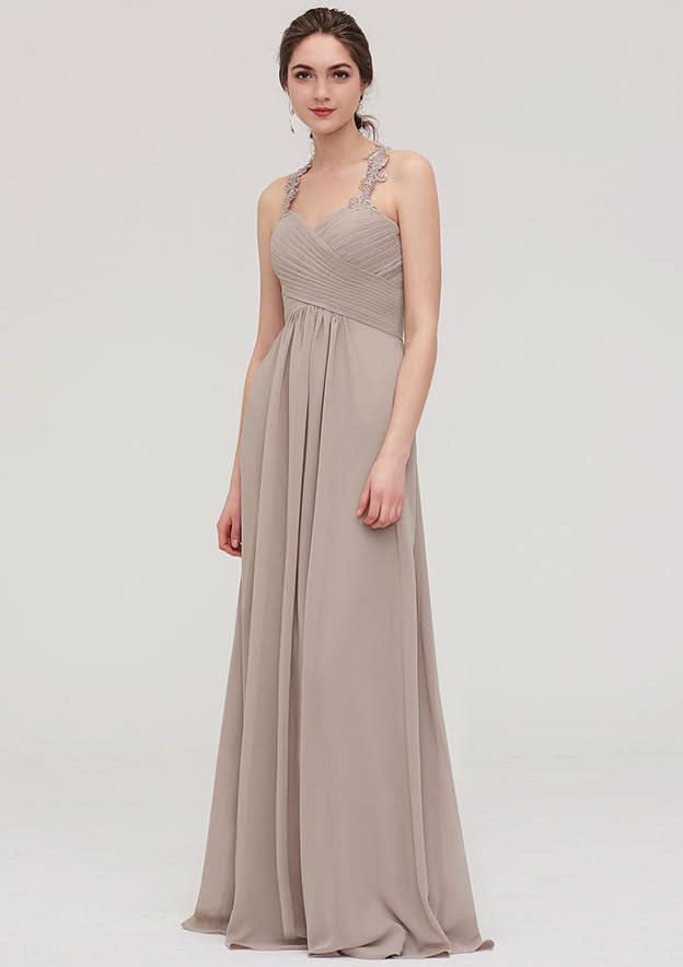 Floor-Length Chiffon Bridesmaid Dress, A-Line/Princess Shape, Sweetheart Neck, Sleeveless, With Pleats And Lace BM bride
