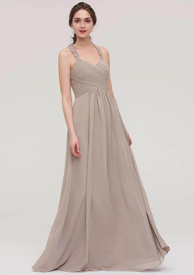Floor-Length Chiffon Bridesmaid Dress, A-Line/Princess Shape, Sweetheart Neck, Sleeveless, With Pleats And Lace BM bride