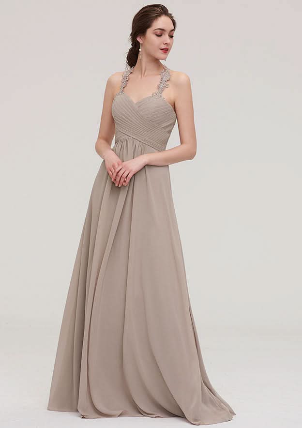 Floor-Length Chiffon Bridesmaid Dress, A-Line/Princess Shape, Sweetheart Neck, Sleeveless, With Pleats And Lace BM bride