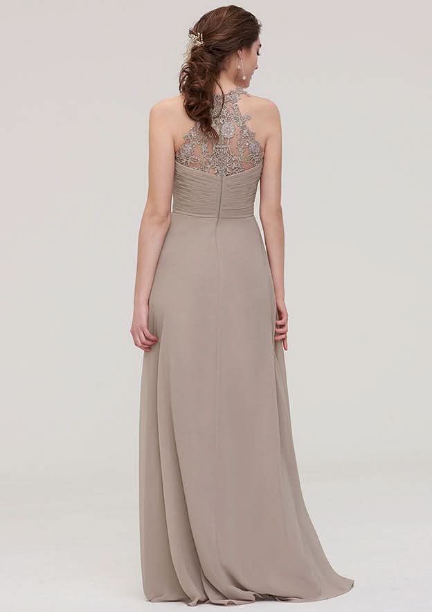Floor-Length Chiffon Bridesmaid Dress, A-Line/Princess Shape, Sweetheart Neck, Sleeveless, With Pleats And Lace BM bride