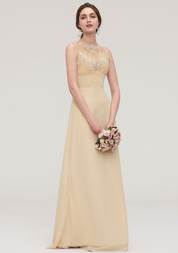 Floor-Length Chiffon Bridesmaid Dress, Sheath/Column Shape, Halter Neck, Sleeveless, Open Back, With Pleats And Lace BM bride