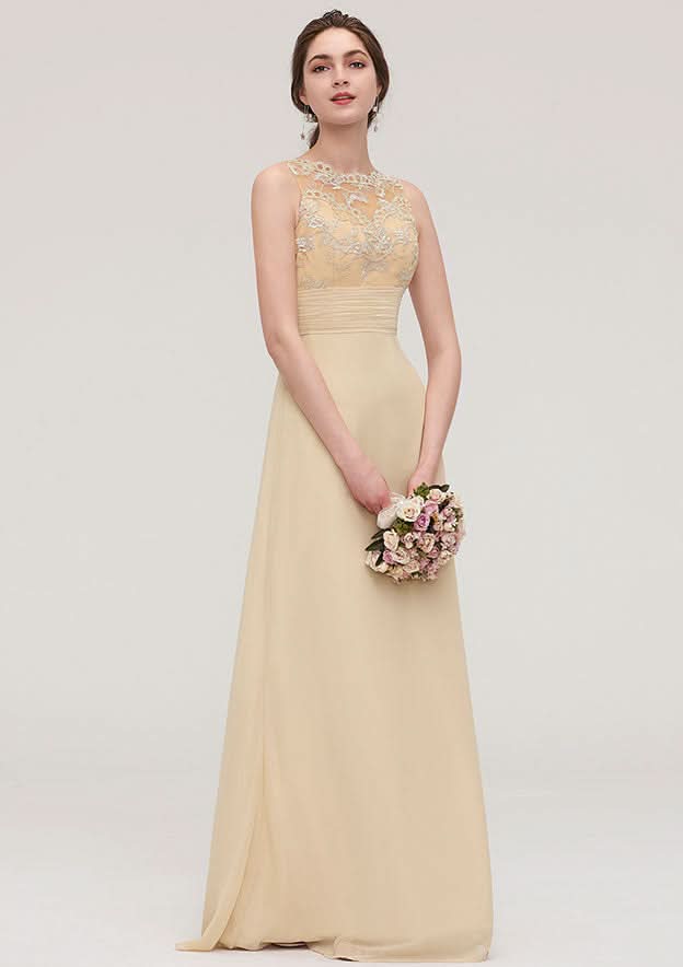 Floor-Length Chiffon Bridesmaid Dress, Sheath/Column Shape, Halter Neck, Sleeveless, Open Back, With Pleats And Lace BM bride