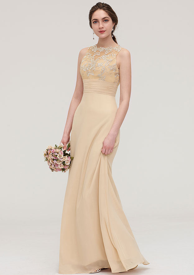 Floor-Length Chiffon Bridesmaid Dress, Sheath/Column Shape, Halter Neck, Sleeveless, Open Back, With Pleats And Lace BM bride
