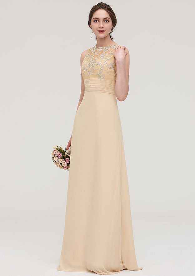 Floor-Length Chiffon Bridesmaid Dress, Sheath/Column Shape, Halter Neck, Sleeveless, Open Back, With Pleats And Lace BM bride