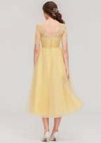Tea-Length Tulle Bridesmaid Dress, A-Line/Princess Shape, Bateau Neck, Short Sleeve, With Pleats And Lace BM bride