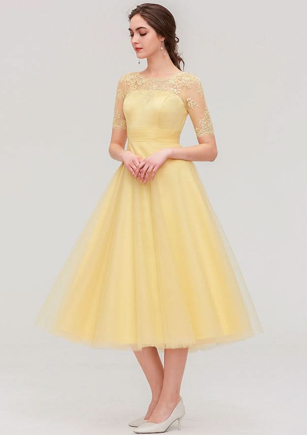 Tea-Length Tulle Bridesmaid Dress, A-Line/Princess Shape, Bateau Neck, Short Sleeve, With Pleats And Lace BM bride