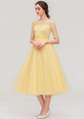 Tea-Length Tulle Bridesmaid Dress, A-Line/Princess Shape, Bateau Neck, Short Sleeve, With Pleats And Lace BM bride