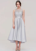 Tea-Length Satin Bridesmaid Dress, A-Line/Princess Cut, Bateau Neck, Sleeveless, With Sashes And Lace BM bride