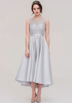 Tea-Length Satin Bridesmaid Dress, A-Line/Princess Cut, Bateau Neck, Sleeveless, With Sashes And Lace BM bride