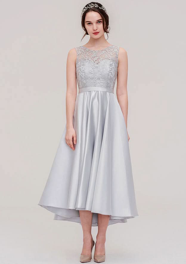 Tea-Length Satin Bridesmaid Dress, A-Line/Princess Cut, Bateau Neck, Sleeveless, With Sashes And Lace BM bride