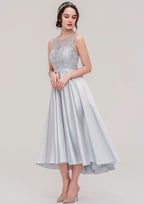Tea-Length Satin Bridesmaid Dress, A-Line/Princess Cut, Bateau Neck, Sleeveless, With Sashes And Lace BM bride