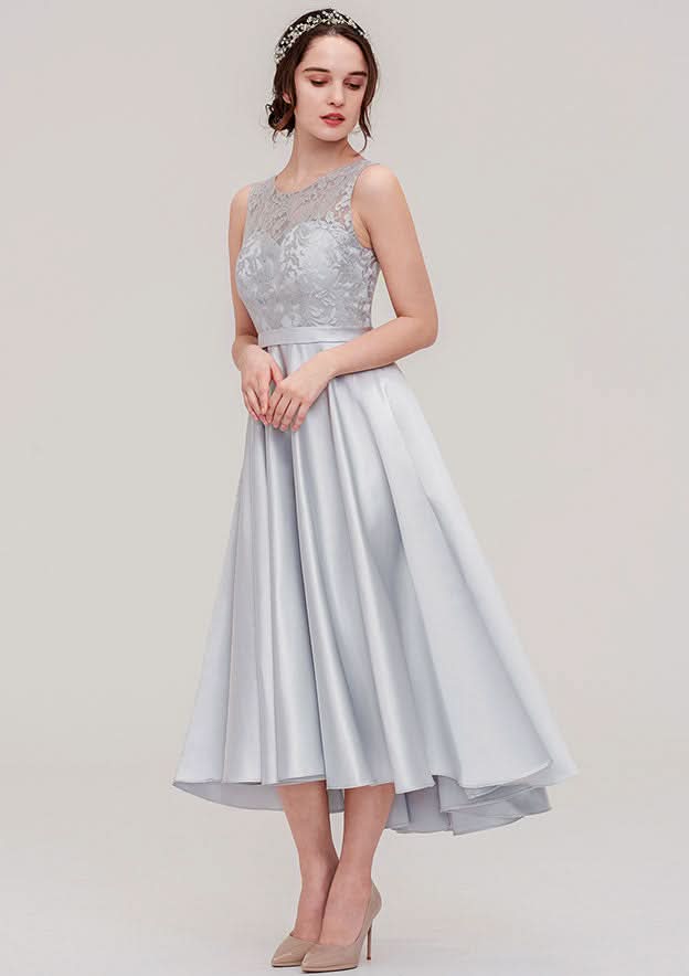 Tea-Length Satin Bridesmaid Dress, A-Line/Princess Cut, Bateau Neck, Sleeveless, With Sashes And Lace BM bride