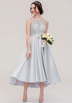 Tea-Length Satin Bridesmaid Dress, A-Line/Princess Cut, Bateau Neck, Sleeveless, With Sashes And Lace BM bride
