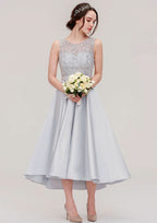 Tea-Length Satin Bridesmaid Dress, A-Line/Princess Cut, Bateau Neck, Sleeveless, With Sashes And Lace BM bride