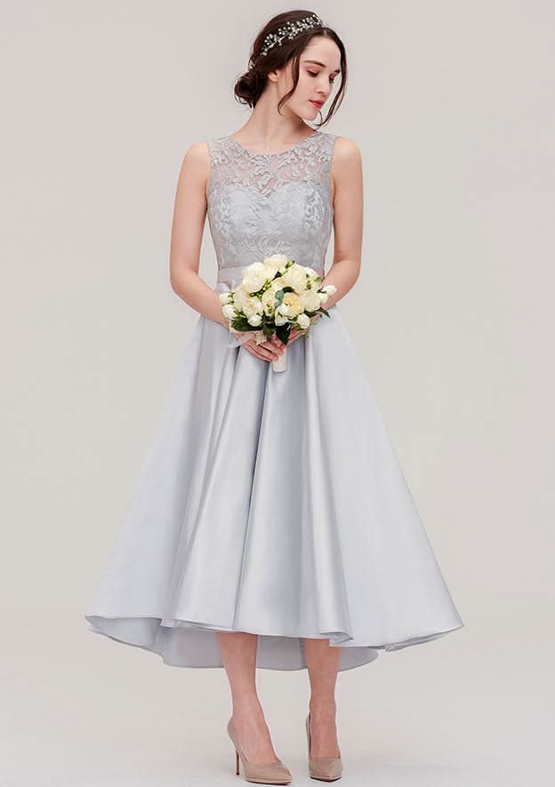 Tea-Length Satin Bridesmaid Dress, A-Line/Princess Cut, Bateau Neck, Sleeveless, With Sashes And Lace BM bride