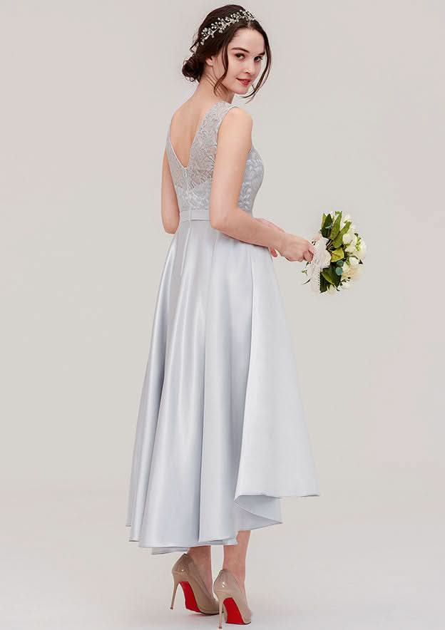 Tea-Length Satin Bridesmaid Dress, A-Line/Princess Cut, Bateau Neck, Sleeveless, With Sashes And Lace BM bride