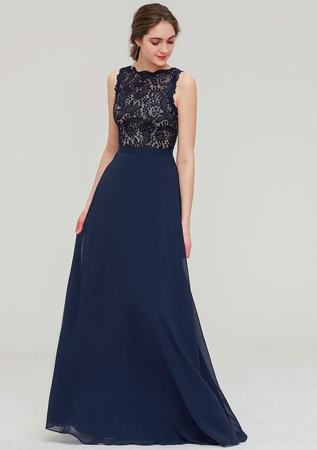 Floor-Length Chiffon Bridesmaid Dress, A-Line/Princess Style, Bateau Neck, Sleeveless, With Sashes And Lace BM bride