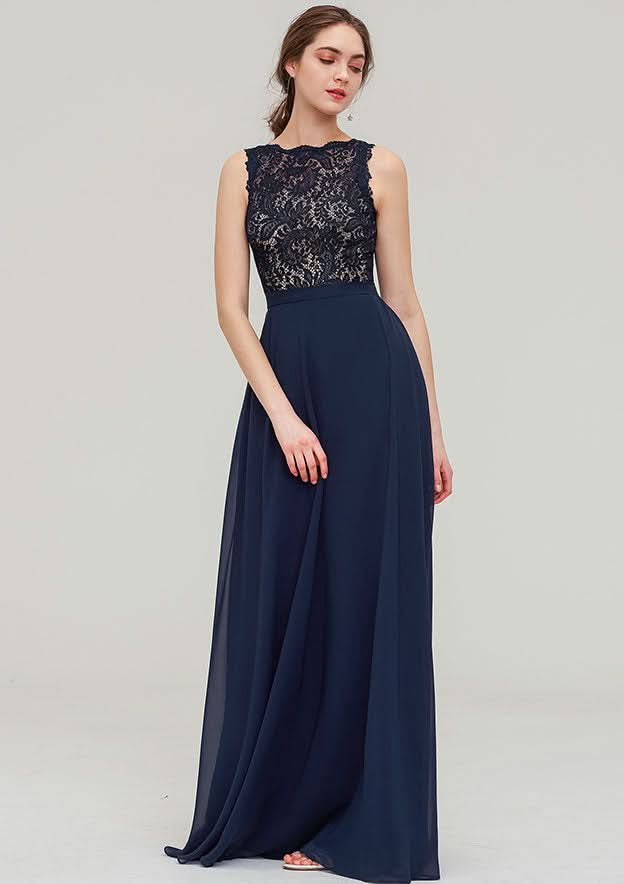 Floor-Length Chiffon Bridesmaid Dress, A-Line/Princess Style, Bateau Neck, Sleeveless, With Sashes And Lace BM bride