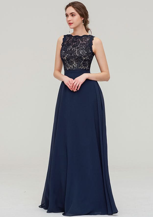 Floor-Length Chiffon Bridesmaid Dress, A-Line/Princess Style, Bateau Neck, Sleeveless, With Sashes And Lace BM bride