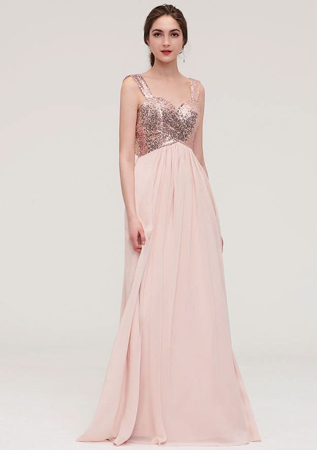 Floor-Length Chiffon Bridesmaid Dress, A-Line/Princess Shape, Sweetheart Neck, Sleeveless, With Pleats And Sequins BM bride