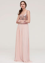 Floor-Length Chiffon Bridesmaid Dress, A-Line/Princess Shape, Sweetheart Neck, Sleeveless, With Pleats And Sequins BM bride