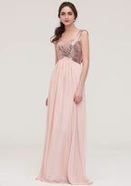 Floor-Length Chiffon Bridesmaid Dress, A-Line/Princess Shape, Sweetheart Neck, Sleeveless, With Pleats And Sequins BM bride
