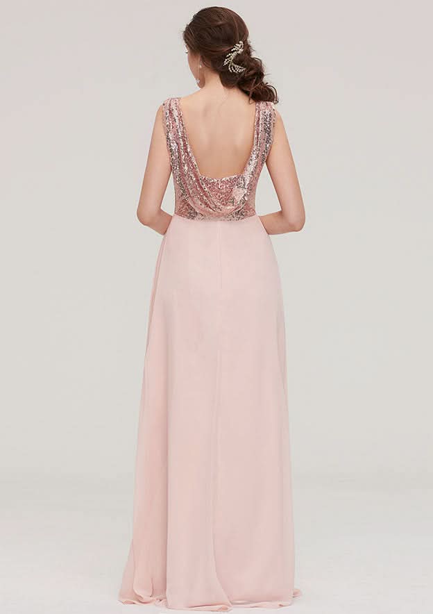 Floor-Length Chiffon Bridesmaid Dress, A-Line/Princess Shape, Sweetheart Neck, Sleeveless, With Pleats And Sequins BM bride