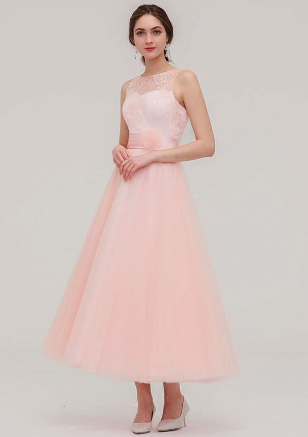 Tea-Length Tulle Bridesmaid Dress, A-Line/Princess Shape, Bateau Neck, Sleeveless, With Waistband And Lace BM bride