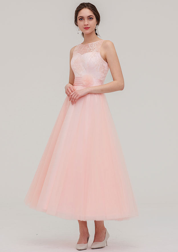 Tea-Length Tulle Bridesmaid Dress, A-Line/Princess Shape, Bateau Neck, Sleeveless, With Waistband And Lace BM bride