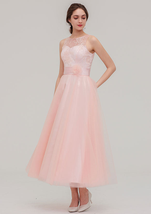 Tea-Length Tulle Bridesmaid Dress, A-Line/Princess Shape, Bateau Neck, Sleeveless, With Waistband And Lace BM bride