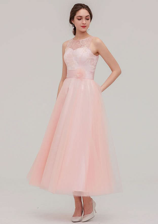 Tea-Length Tulle Bridesmaid Dress, A-Line/Princess Shape, Bateau Neck, Sleeveless, With Waistband And Lace BM bride