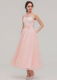 Tea-Length Tulle Bridesmaid Dress, A-Line/Princess Shape, Bateau Neck, Sleeveless, With Waistband And Lace BM bride