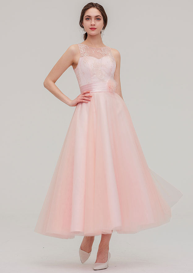 Tea-Length Tulle Bridesmaid Dress, A-Line/Princess Shape, Bateau Neck, Sleeveless, With Waistband And Lace BM bride